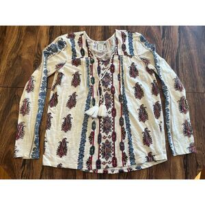 Sundance Womens S Cream Blue & Oxblood Boho Long Sleeve Blouse Shirt Tassel Tie